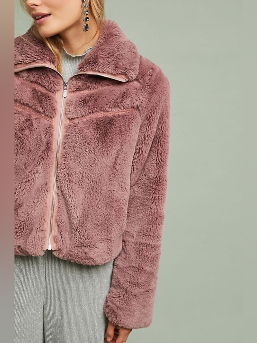Anthropologie Faux Fur Lace Chevron Bomber Jacket in Dusty Mauve Sz. MEDIUM